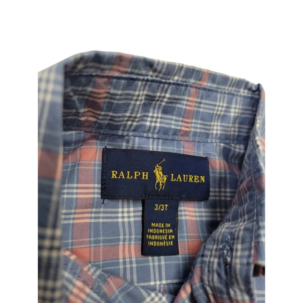Boys Ralph Lauren Blue/Pink Cotton Plaid Button Front Shirt Pony Logo Size:3T